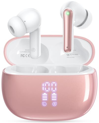 YAQ Wireless Earbuds Bluetooth Headphones, 40H Playtime Stereo IPX5 Waterproof Ear Buds, LED Power Display Cordless in-Ear Earphones with Microphone for iPhone Android Cell Phone Sports, Pink - 1