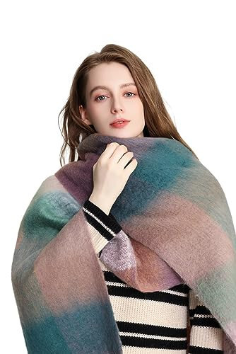 Yatemiole Women's Cashmere Big Coloured Checked Scarf Winter Warm Wrap Scarf - 3