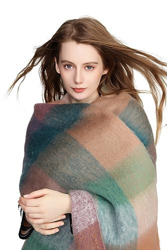 Yatemiole Women's Cashmere Big Coloured Checked Scarf Winter Warm Wrap Scarf - 5