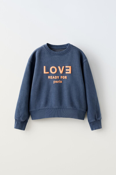 Yazılı ve soluk efektli mavi sweatshirt - 1