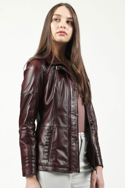 Yb2139 Genuine Leather Women's Jacket Burgundy - 23