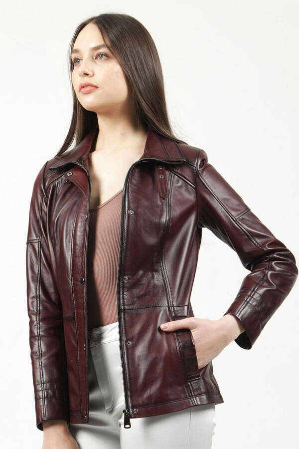 Yb2139 Genuine Leather Women's Jacket Burgundy - 26