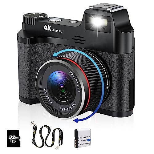 YEEIN 4K Point and Shoot Digital Cameras for Photography and Video, 48MP Anti-Shake Manual Focus Vlogging Camera with 32G Card, 3'' Screen Portable Camera for Beginners - 1