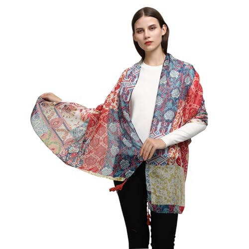 Yeieeo Boho Scarf for Women Lightweight Floral Printed Scarf Fall Winter Fashion Fringed Shawl - 6