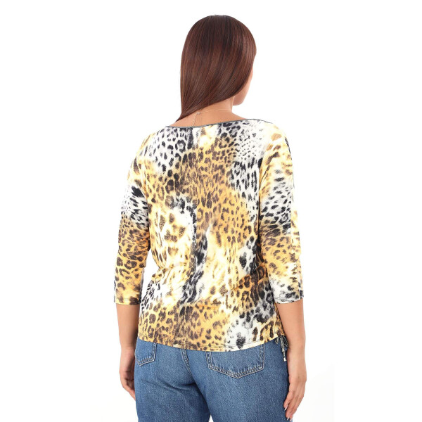 Yellow leopard print blouse with cross-stitch detail and stones, large size. - 4