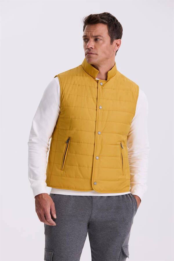 Yellow Mandarin Collar Fiber Slim Fit Vest - 1