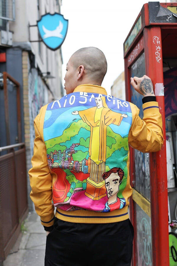 Yellow Rio Ikigai Custom Hand-Drawn Digital Printed Zippered Lined Men's Genuine Leather Bomber Jacket - 1