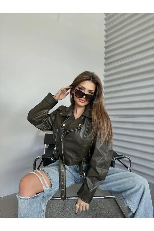 Yeni Sezon Kemerli Oversize Deri Biker Ceket - 10