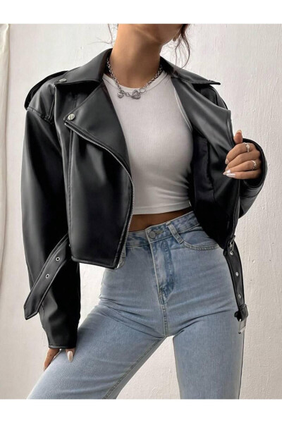 Yeni Sezon Kemerli Oversize Deri Biker Ceket - 22