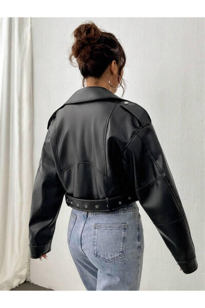 Yeni Sezon Kemerli Oversize Deri Biker Ceket - 24