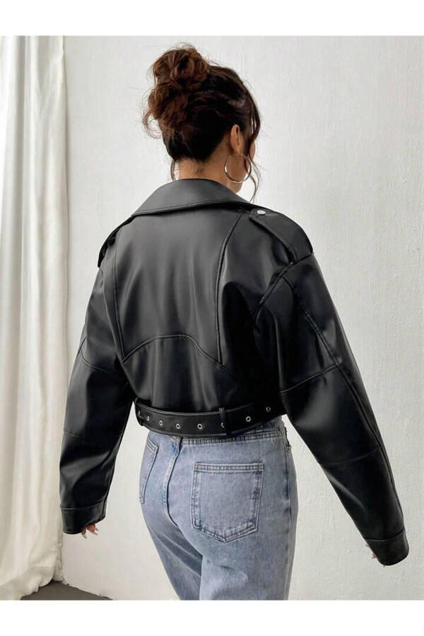 Yeni Sezon Kemerli Oversize Deri Biker Ceket - 19