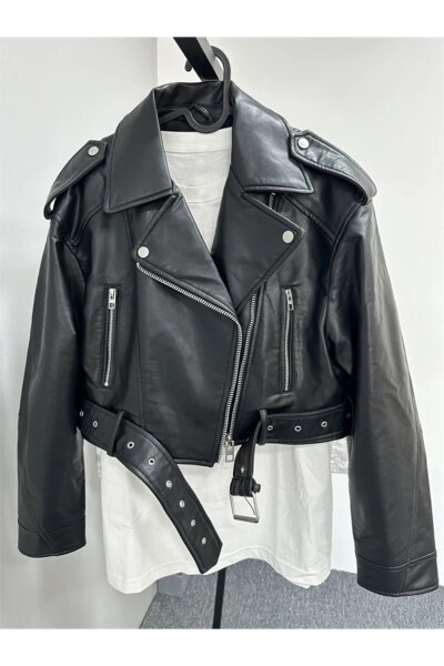 Yeni Sezon Oversize Siyah Biker Deri Ceket - 3