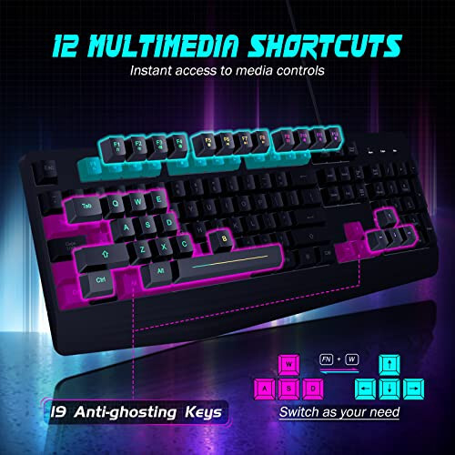 Yesbeaut Gaming Keyboard, 7-Color Rainbow LED Backlit, 104 Keys Quiet Light Up Keyboard, Wrist Rest, Whisper Silent, Anti-ghosting Multimedia Keys, Waterproof USB Wired Keyboard for PC Mac Xbox - 5