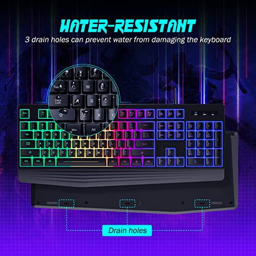 Yesbeaut Gaming Keyboard, 7-Color Rainbow LED Backlit, 104 Keys Quiet Light Up Keyboard, Wrist Rest, Whisper Silent, Anti-ghosting Multimedia Keys, Waterproof USB Wired Keyboard for PC Mac Xbox - 6