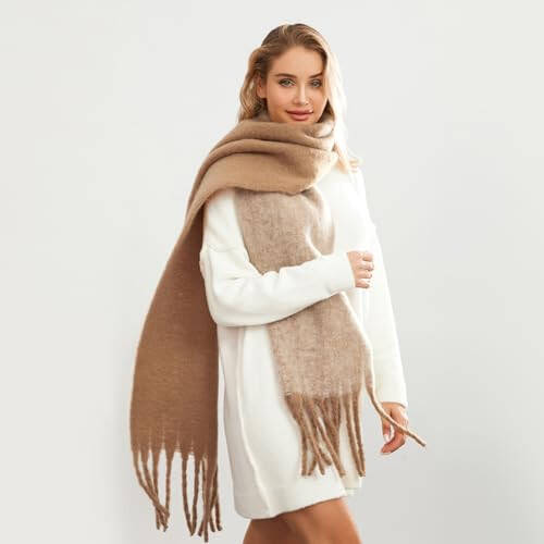 Yoawdats Women Winter Warm Scarf Elegant Contrast Color Tasseled Shawl Wrap Long Stoles Oversized Soft Scarves Fall Gifts - 3