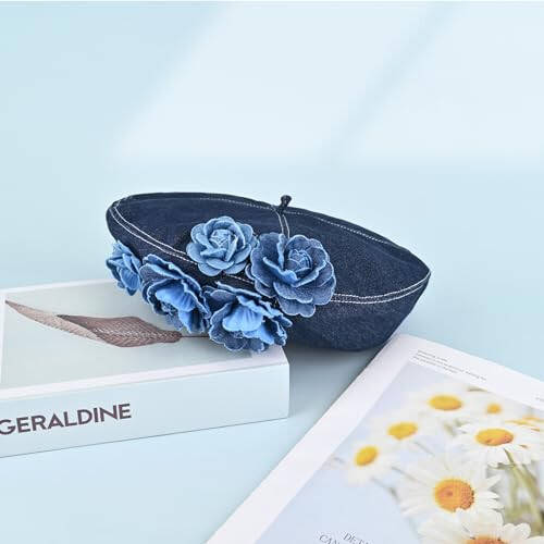 Yonchic Beret Hats, Summer Flower Denim Beret Hat Jean Berets for Women Girls - 5