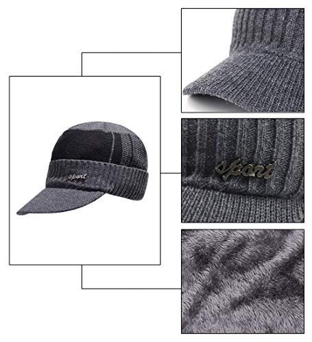 YOYEAH Men's Outdoor Newsboy Hat Winter Warm Thick Knit Beanie Cap Fleece Lined Skull Ski Cap with Visor - 3