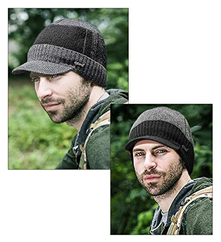 YOYEAH Men's Outdoor Newsboy Hat Winter Warm Thick Knit Beanie Cap Fleece Lined Skull Ski Cap with Visor - 6