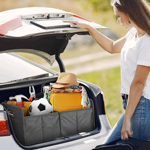 YSSOA Trunk Organizer for Car/SUV/Truck, Collapsible 2 Compartment Automotive Storage Box, 600D Waterproof Oxford Polyester 50L Travel Accessories, Anti-slip & Leak-proof, Black New - 4