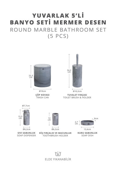 Yuvarlak Mermer Desenli 5'li Banyo Seti - 10