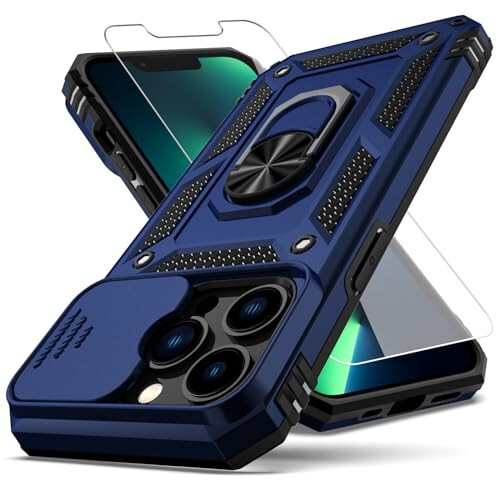 YZOK iPhone 13 Pro Case, with Camera Lens Cover HD Screen Protector, [Military Grade] Ring Car Mount Kickstand Hybrid Hard PC Soft TPU Shockproof Protective Case, Blue - 1