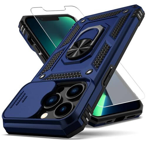 YZOK iPhone 13 Pro Case, with Camera Lens Cover HD Screen Protector, [Military Grade] Ring Car Mount Kickstand Hybrid Hard PC Soft TPU Shockproof Protective Case, Blue - 1