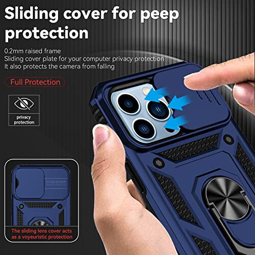 YZOK iPhone 13 Pro Case, with Camera Lens Cover HD Screen Protector, [Military Grade] Ring Car Mount Kickstand Hybrid Hard PC Soft TPU Shockproof Protective Case, Blue - 4