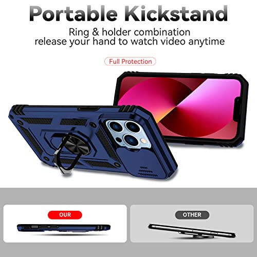 YZOK iPhone 13 Pro Case, with Camera Lens Cover HD Screen Protector, [Military Grade] Ring Car Mount Kickstand Hybrid Hard PC Soft TPU Shockproof Protective Case, Blue - 6