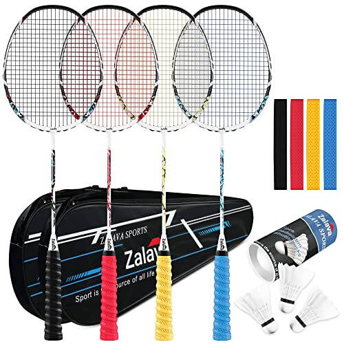 Zalava Badminton Racquets Set Professional Badminton Rackets Lightweight, 4 Pack Carbon Fiber, 3 Feather Shuttlecocks, 2 Protect Case, 4 Overgrip, for Beginners, Advanced Players - 1