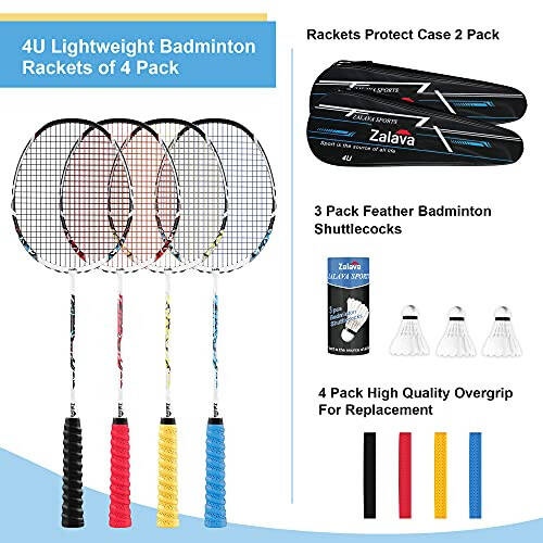 Zalava Badminton Racquets Set Professional Badminton Rackets Lightweight, 4 Pack Carbon Fiber, 3 Feather Shuttlecocks, 2 Protect Case, 4 Overgrip, for Beginners, Advanced Players - 2