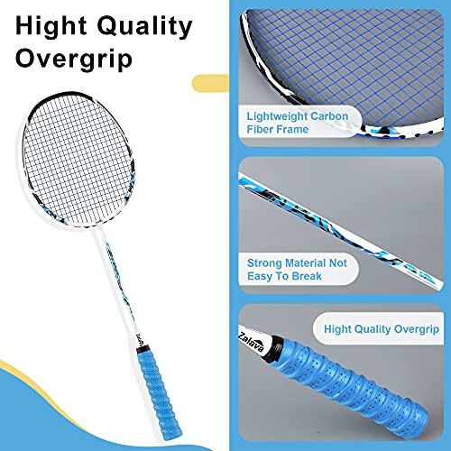 Zalava Badminton Racquets Set Professional Badminton Rackets Lightweight, 4 Pack Carbon Fiber, 3 Feather Shuttlecocks, 2 Protect Case, 4 Overgrip, for Beginners, Advanced Players - 3