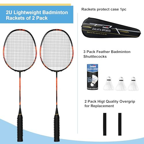 Zalava Badminton Racquets Set Professional Badminton Rackets Lightweight, 4 Pack Carbon Fiber, 3 Feather Shuttlecocks, 2 Protect Case, 4 Overgrip, for Beginners, Advanced Players - 2