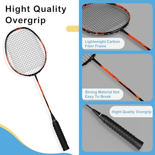 Zalava Badminton Racquets Set Professional Badminton Rackets Lightweight, 4 Pack Carbon Fiber, 3 Feather Shuttlecocks, 2 Protect Case, 4 Overgrip, for Beginners, Advanced Players - 3