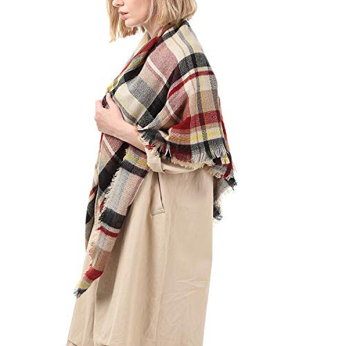 Zando Plaid Blanket Thick Winter Scarf Tartan Chunky Wrap Oversized Shawl Cape Scarves - 11