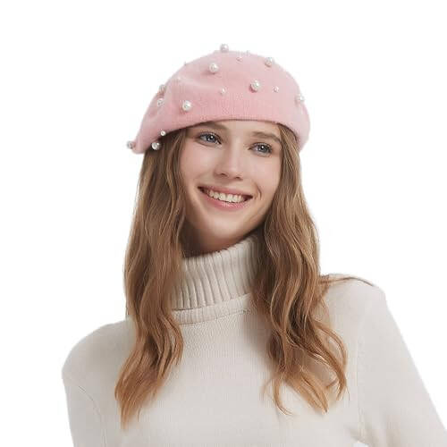 ZARSIO Women Beret Pearl Elegant Sweet Artist French Style Beret Beanie Cap - 18