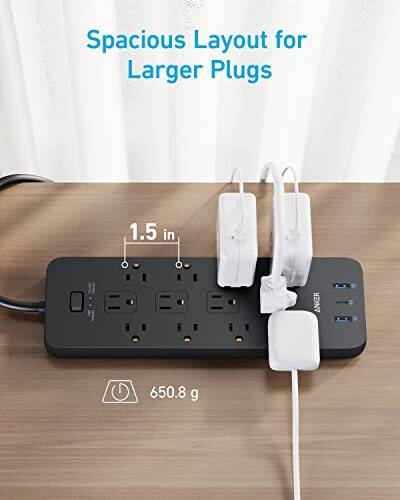 Защитный фильтр для электросети (2100J), Anker с 12 розетками, 1 USB C и 2 USB портами для iPhone 15/15 Plus/15 Pro/15 Pro Max, удлинитель 5 футов, плоская вилка, зарядка USB C 20 Вт для дома, офиса, сертифицировано TUV - 5