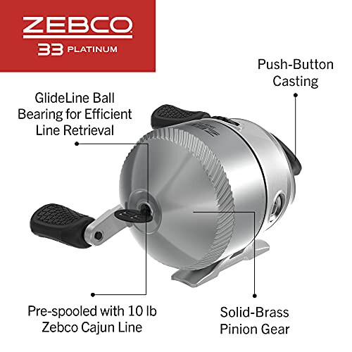 Zebco 33 Platinum Spincast Makarası, 5 Ta'sirli podshipnik (4 + debriyaj), Onlab o'zgartirish bilan silliq sozlanadigan tormoz, Kuchli butun metall tishlilar va 10 funt Cajun liniyasi bilan o'ralgan - 4