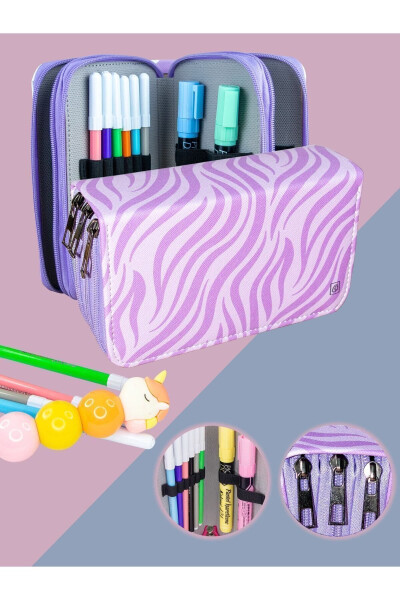 Zebra Pattern Lilac Vegan Leather Three Compartment Pencil Case (PENCIL CASE) - 6