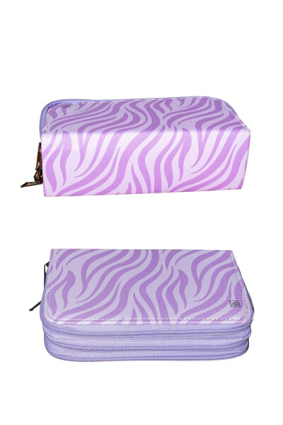 Zebra Pattern Lilac Vegan Leather Three Compartment Pencil Case (PENCIL CASE) - 3