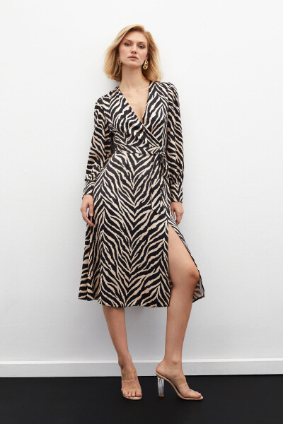 Zebra Print Sash Satin Dress - Black - 1