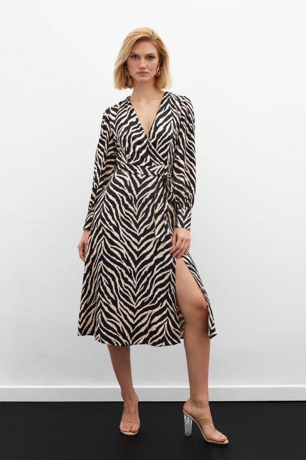 Zebra Print Sash Satin Dress - Black - 3