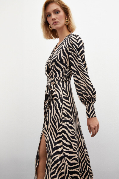 Zebra Print Sash Satin Dress - Black - 4