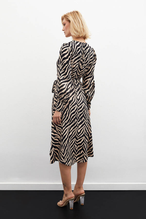 Zebra Print Sash Satin Dress - Black - 8