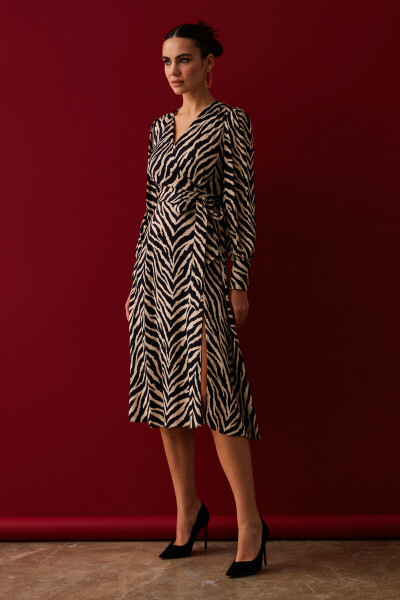 Zebra Print Sash Satin Dress - Black - 11