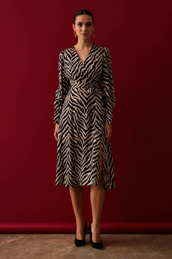 Zebra Print Sash Satin Dress - Black - 12