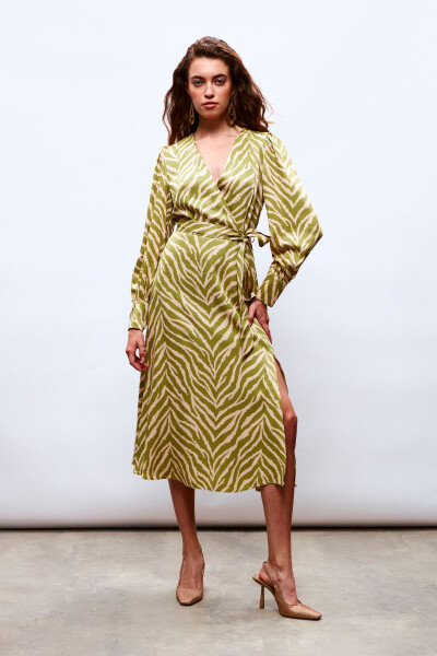 Zebra Print Sash Satin Dress - Olive Green - 1