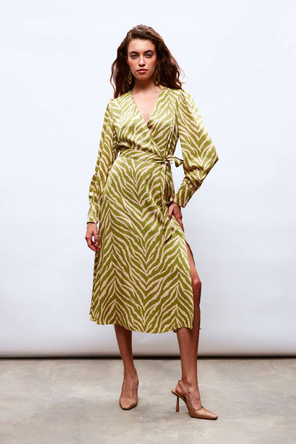 Zebra Print Sash Satin Dress - Olive Green - 1