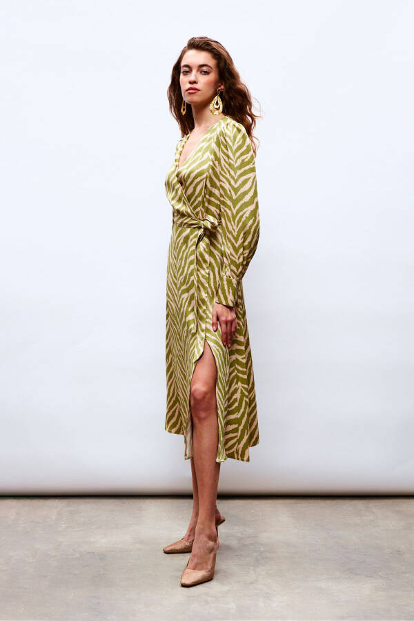 Zebra Print Sash Satin Dress - Olive Green - 2