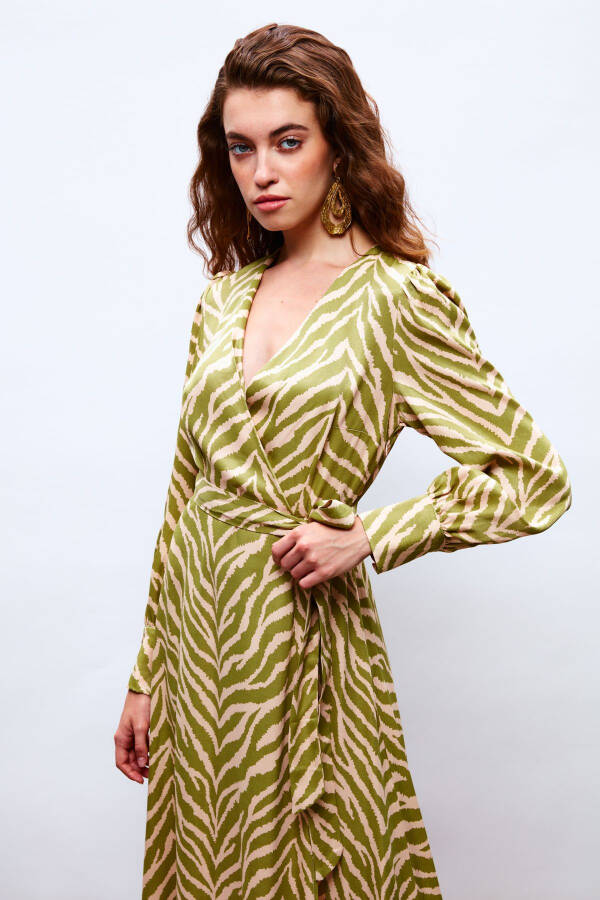 Zebra Print Sash Satin Dress - Olive Green - 6