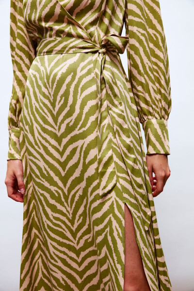 Zebra Print Sash Satin Dress - Olive Green - 7